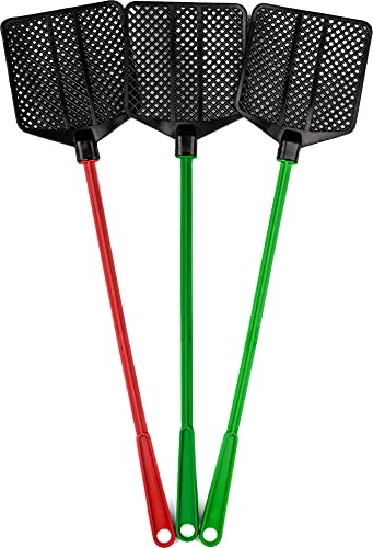 OFXDD Rubber Fly Swatter Long Fly Swatter Pack Fly Swatter Heavy Duty Green and Red Colors (3 Pack)