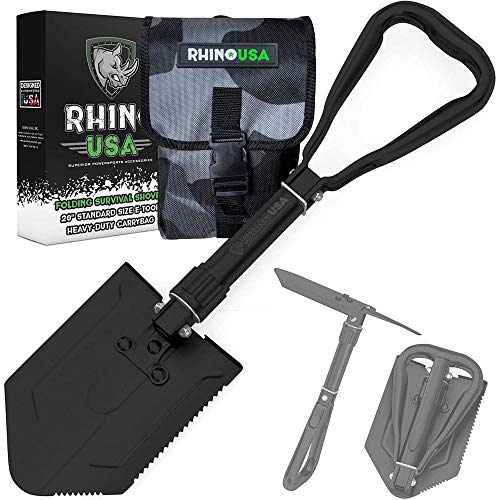RHINO USA Folding Survival Shovel wPick  Heavy Duty Carbon Steel Military Style Entrenching Tool for Off Road Camping Gardening Beach Digging Dirt Sand Mud  Snow