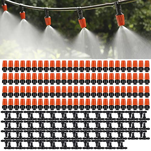 MSDADA 100pcs Micro Spray Adjustable Flow Irrigation Drippers Garden Adjustable Sprinkler drip Irrigation Mister Heads with 3 Tee Irrigation Misting Drip Kit (Orange)