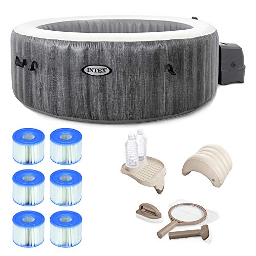Intex 28439E Greywood Deluxe 4 Person Inflatable SpaHot Tub w LED Light  3 Pack Type S1 Pool Filter Cartridges w Attachable Cup Holder and Refreshment Tray  Inflatable Headrest  Maintenance Kit
