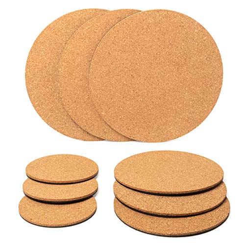 HILFE 9 Pieces Cork Plant Mat with Plastic Round Plate Pad for Garden Courtyard Pot Mat Indoor Outdoor planters and DIY Craft Project (4 Inch 6 Inch 8 Inch)