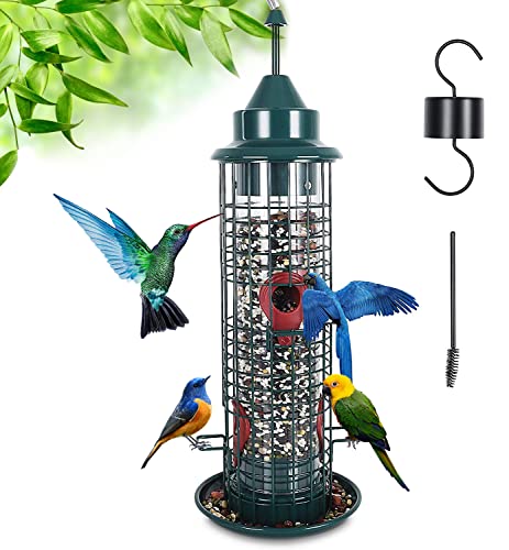 Bird Feeder for Outside Bird Feeder Hanging Tube Feeder with 4 Feeding Ports All Metal Cage Wild Bird Feeders for Outside Garden Yard Lawn Decoration