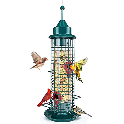 Green Caged Tube Bird Feeder Hanging Premium Squirrel Proof Wild Bird Feeder All Metal Cage Polycarbonate Feed Tube with 4 Feeding Ports for Outdoor Small Bird Wild Shelter