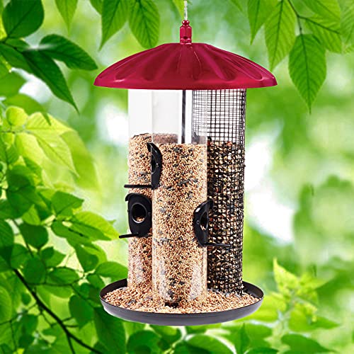 North States Natures Yard Crimson Triple Tube Bird Feeder Easy Fill Squirrel Proof Hanging Cable Included Three Tube Chambers Extra Large 6 Pound Seed Capacity (1025 x 1025 x 16 Red)