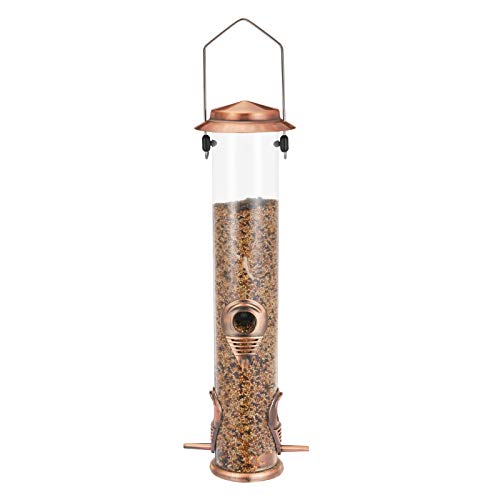 Ointo Garden Tube Bird Feeder Hanging，with 4 Feeding Ports，Copper Outdoor Hanging Wild Birdfeeder for Mix Seed Blends Heavy Duty，14 Inch