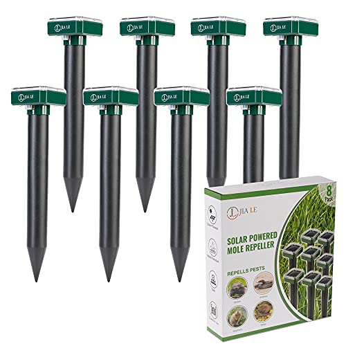 JL JIA LE Solar Mole Repellent 8 Pack Outdoor Ultrasonic Gopher Control Spikes Waterproof Sonic Device Ultrasonic Gopher Repellent for Garden and Yard