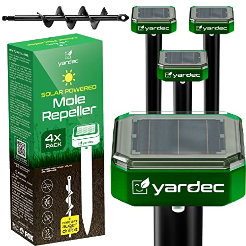 YARDEC Gopher Repellent Ultrasonic Solar Powered  Easy to Use Solar Mole Repellent Ultrasonic with an Auger Drill Bit  IP65 Waterproof Sonic Repeller Stakes for Groundhog Vole Snake etc (4Pack)