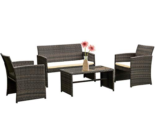 FDW 4 Pieces Outdoor Patio Furniture Sets Rattan Chair Patio Set Wicker Conversation Set Poolside Lawn Chairs Porch Poolside Balcony Outdoor Garden FurnitureBeige Cushion