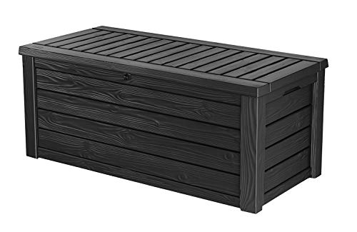 Keter Westwood 150 Gallon Resin Large Deck BoxOrganization and Storage for Patio Furniture Outdoor Cushions Garden Tools and Pool Toys Dark Grey