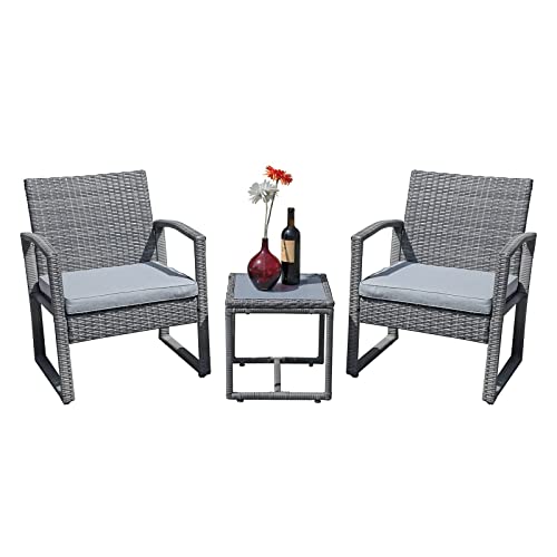 Patiorama 3 Pieces Outdoor Patio Furniture Set Outdoor Wicker Conversation Set Patio Rattan Chair Set Modern Bistro Set with Coffee Table Garden Balcony Backyard Poolside (Light Gray)