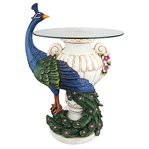 Design Toscano KY4128 Staverden Castle Peacock Glass Topped Side Table 25 Inch Full Color