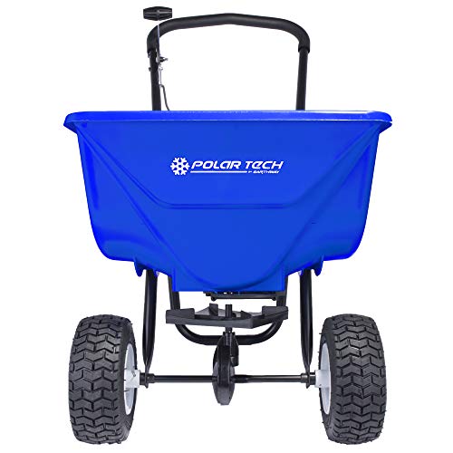 Earthway 50 LB Professional Ice Melt Broadcast Walk Behind Spreader with 13 Pneumatic Tires Adjustable Handle and Solid Linkage Control Polar Tech 90950
