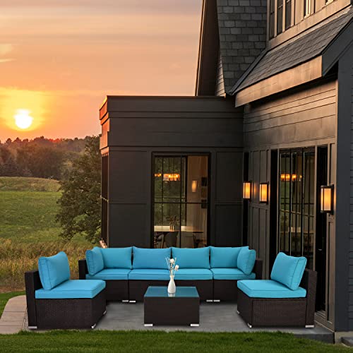 ESSENTIAL LOUNGER Outdoor Patio Furniture Set 7pcs Patio Conversation Set Sectional Rattan Sofa Set Black PE Rattan Wicker (Blue)