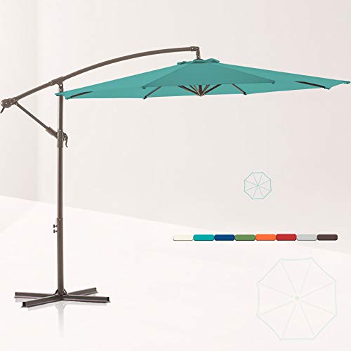 LE CONTE METZ 10 ft Offset Hanging Patio Umbrella Cantilever Outdoor Umbrellas with Fade Resistant SolutionDyed Canopy Infinite Tilt Crank  Cross Base (Aruba Blue)