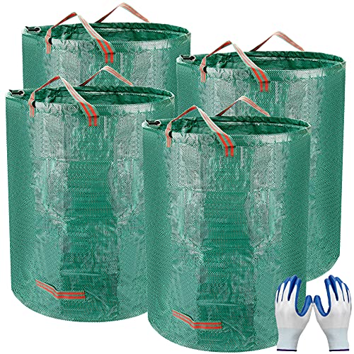 Colovis Garden Waste Bags 4 Pack 80 Gallons Heavy Duty Gardening Bags with Coated Gardening Gloves Waterproof Reusable Lawn Pool Leaf Yard Waste Bags with 4 Handles
