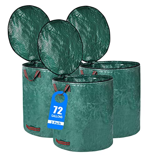 Pilntons 72 Gallons Reusable Garden Waste Bag with Lid Lawn and Leaf Bag Reinforced 4 Handle( 3 Pack Square 72 Gallons)