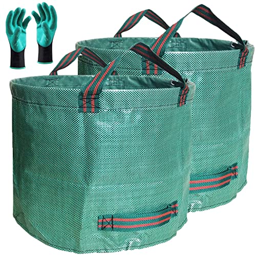 Professional 2Pack 137 Gallon Lawn Garden Bags (D34 H34 inches) Yard Waste Bags with Coated Gloves  Large Reusable Yard Leaf Bags 4 HandlesGardening Clippings BagsLeaf ContainerTrash Bags