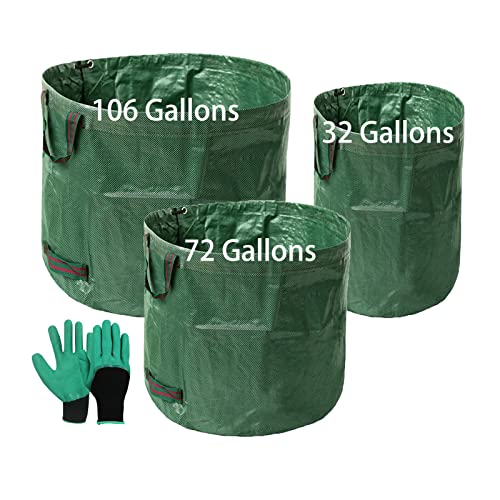 REDYA Reusable Leaf Bags 3 Pack Different Sizes Yard Waste Bags Heavy Duty Reusable Yard Waste Containers 3272106 Gallons Garden Waste Bag with Gloves for Waste Collecting in Lawn Yard Patio
