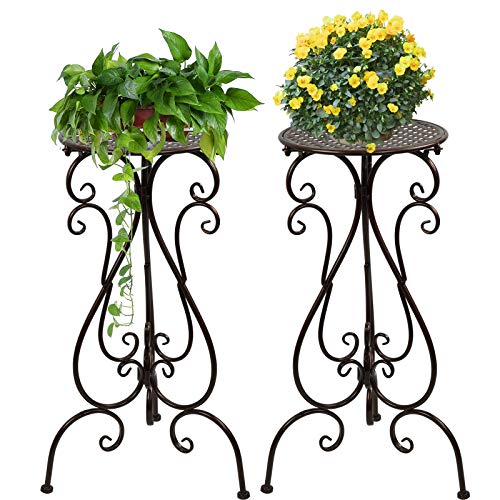2 Pack Tall Plant Stand Outdoor Plant Shelf Indoor Flower Potted Pedestal Holder Metal Planter Rack for Garden Patio Living Room Balcony(Brown)