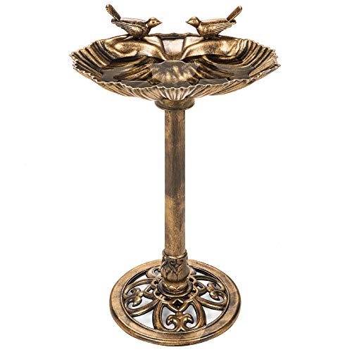 Best Choice Products 32in Outdoor Garden Pedestal Bird Bath Yard Decoration wDouble Bird Sparrow Statues FleurdeLis Accents  Gold