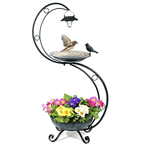 YANZ Bird Baths for Outdoors Solar Lamp 355 Height Metal Bird Bath Weather Resistant Vintage Decorative Birdbaths Flower Planter Pedestal Fountain Decorations for Garden Yard LawnBronz Green