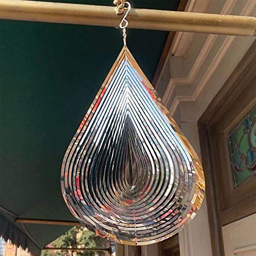 Jorontall Wind Spinner Stainless Steel 3D FlowingLight Effect Decor for Outdoor Garden Hanging Decoration Gifts 12x 8 Silver Water DropShaped Spinners with 360° Rotating Hook
