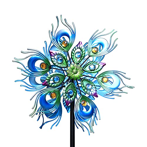 Roaming Light Peacock Wind Spinner 48Inch Double Wind Sculpture Wind Sculptures  Spinners Outdoor Metal Stake Yard Spinners Garden Wind Catcher Wind Mills Windmills for The Yard Garden