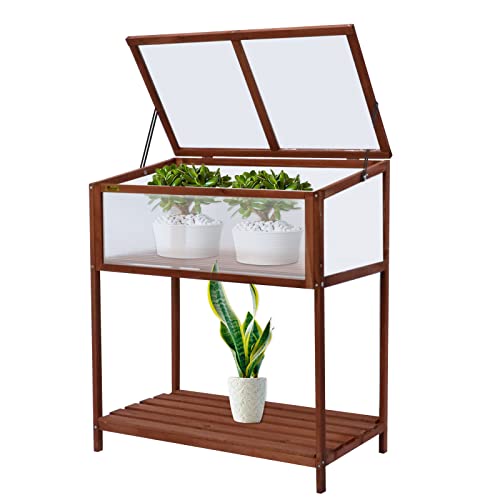 BIGTREE Wooden Greenhouse Cold Frame Portable Garden Mini Greenhouse Kit with Shelf Raised Flower Planter Protection for Outdoor Indoor