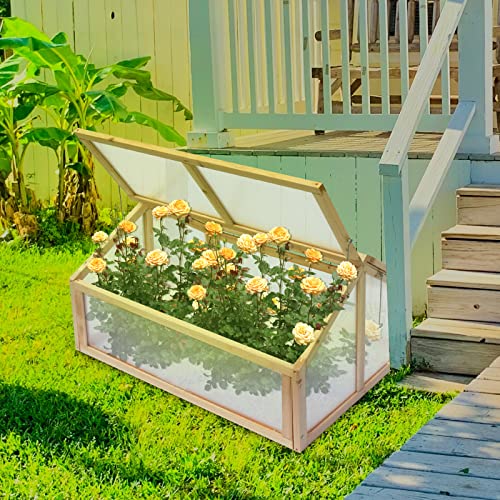 Garden Portable Wooden Cold Frame Greenhouse Raised Flower Planter with Hard Translucent PC Protection 31 L x 23 W x 20 H