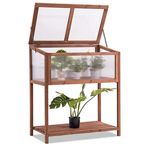 Mcombo Wooden Greenhouse Cold Frame Portable Garden Mini Greenhouse Kit with Shelf for Outdoor Indoor Use 0250