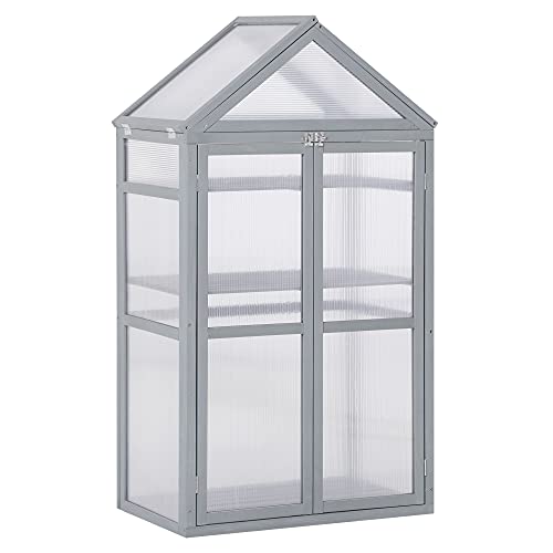 Outsunny 32 x 19 x 54 Garden Wood Cold Frame Greenhouse Flower Planter with Adjustable Shelves Double Doors Grey