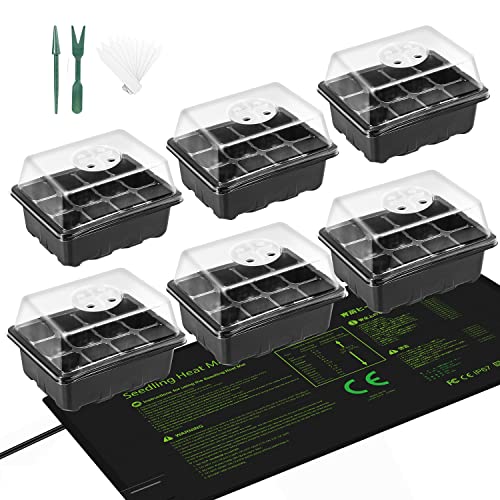 6 Packs Seed Starter Kit with Seedling Heat Mat 12Cell Seed Starter Trays with Humidity Domes and Cell Trays Waterproof Warm Hydroponic Heating Pad for Indoor Home Gardening Plant Germination Trays