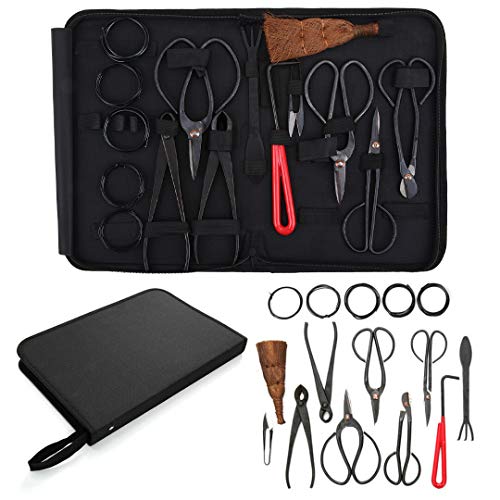 POWERENG 15 Pieces Gardening Bonsai Tree Pruning Carbon Steel Tool Kit  Pruning Scissors Bonsai Scissors for Bud  Leaves Trimmer Carbon Steel Rake  Set of 15