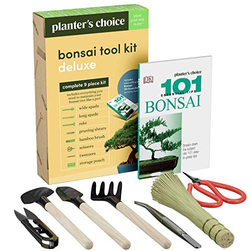 Planters Choice Premium Bonsai Tool Kit  Bonsai 101 Book Set IncludesWooden Rake Long  Wide Spades Scissors Tweezers Bamboo Brush  Pruning Shears (TrimmerClipper) in Fabric Storage Holder