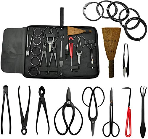 Voilamart 10 Pieces Gardening Bonsai Tool Sets Carbon Steel Garden Plant Trimming Kit Scissor Cutter Shear Heavy Duty Nylon Case Outdoor Entrenching Tools