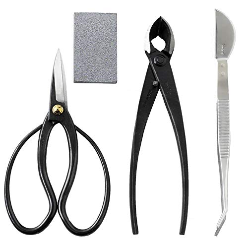 Wazakura 4PCS Bonsai Essential Tool Kit Made in Japan Japanese Bonsai Scissors 7inch(180mm)  Concave Branch Cutter 8inch(200mm)  Stainless Tweezers  Sap Eraser Set