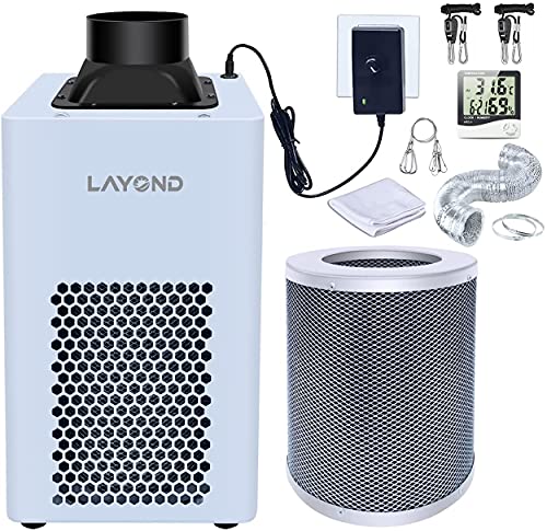 LAYOND 4 Inch Carbon Filter Grow Tent Ventilation Kit 200CFM Super Quiet Inline Fan Big Capacity Charcoal Filter 5ft Power Cord Adaptor Variable Speed Controller 10ft Ducting Thermometer