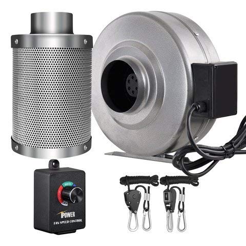 iPower 4 Inch 190 CFM Inline Fan Carbon Filter Combo with Variable Speed Controller 8 Feet Rope Hanger for Grow Tent Ventilation Grey