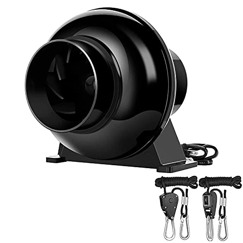 iPower 4 Inch 195 CFM Inline Ventilation Fan Duct Vent Blower and 1Pair 18 Inch 8Feet Adjustable Rope Clip Hanger for Grow Tent Air Circulation Black