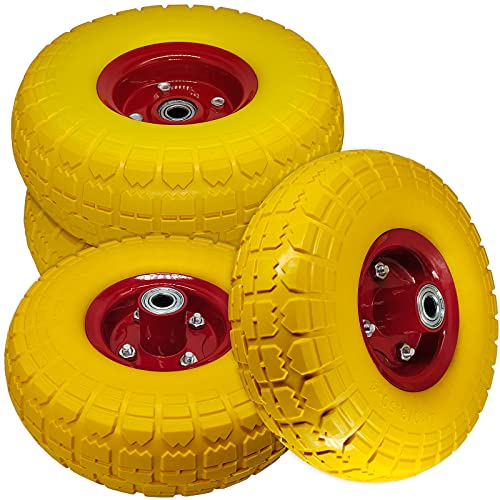 Jyxka 10 Flat Free Tires 410354 Solid Rubber Wheels with 58 Center Bearings Wheels Replacement for Hand TruckWheelbarrowGarden Utility Wagon CartGenerator Yellow 4pcs
