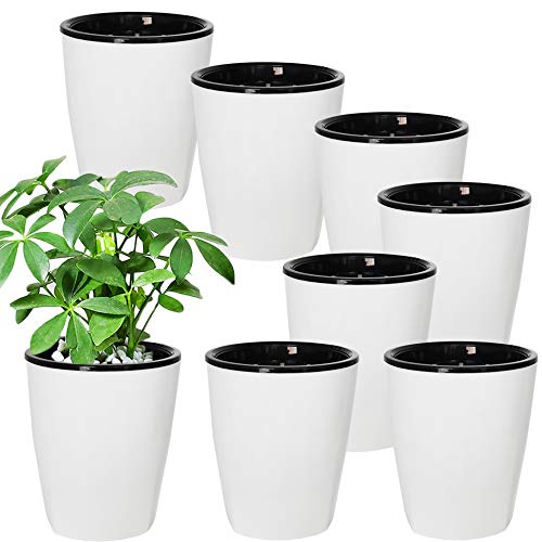 8 Pack 4 Inch Self Watering Plastic Planter with Inner Pot White Flower Plant PotModern Decorative Flower Pot for All House PlantsFlowersHerbsAfrican Violets