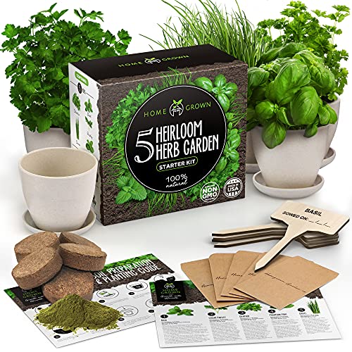 Indoor Herb Garden Starter Kit  5 Herb Plant Grow Kit w Pots  Soil  DIY Heirloom Herb Seeds Home Gardening Kit  Kitchen Window Garden Growing Kit  Unique Gardening Gifts for Women  Men