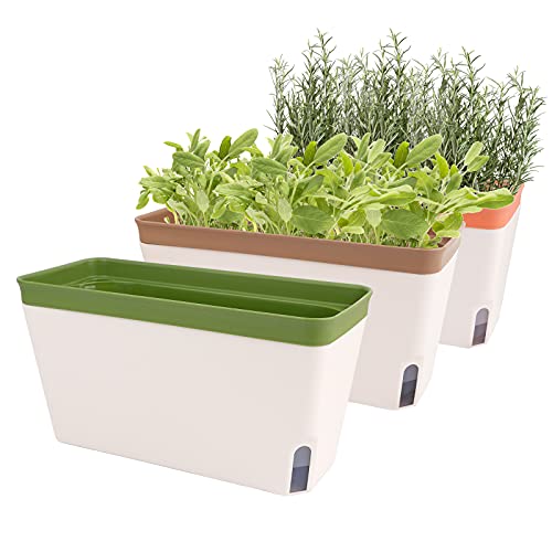 OurWarm Windowsill Herb Planter Box Indoor Set of 3 105 Inch Self Watering Planter Pots with Visual Water Level Window Modern Plastic Plant Pots for Herbs Vegetables Succulents Plants