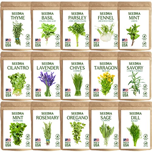 Seedra 15 Herb Seeds Variety Pack  4500 NonGMO Heirloom Seeds for Planting Hydroponic Indoor or Outdoor Home Garden  Lavender Parsley Cilantro Basil Thyme Mint Rosemary Dill  More