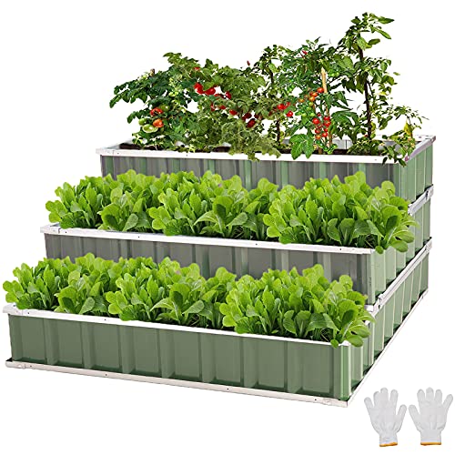 FORTUNO 3 Tier Raised Garden Bed Metal Elevated Planting Box Kit 465x465x236 Inch Outdoor Patio Steel Planter for Vegetables Flowers Herbs Green
