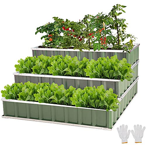 FORTUNO 3 Tier Raised Garden Bed Metal Elevated Planting Box Kit 465x465x236 Inch Outdoor Patio Steel Planter for Vegetables Flowers Herbs Green