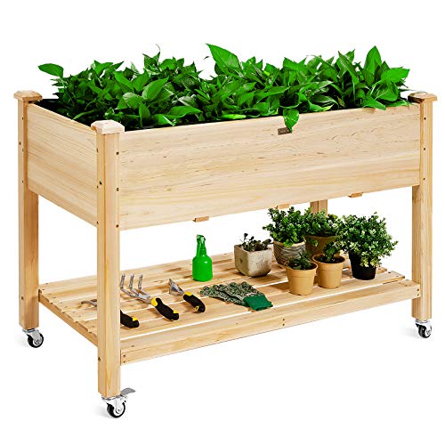 Giantex Raised Garden Bed on Wheels Wood Planter Box with Legs Liner Drain Holes Elevated Garden Bed for Vegetables Standing Garden Container for Backyard Patio 475 LX 235 WX 33 H