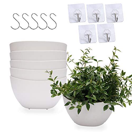 ATP  Plastic 93 inch Wall Hanging Planters Set of 5 with 5 pcs S Hooks and 5 pcs Wall Hooks Plastic Plant Pots with Drainage Hole for Indoor Outdoor Plants White