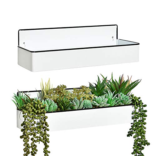 Labcosi Rustic White Hanging Wall Planter Farmhouse Decor Tin Storage Caddy Organizer Set of 2 Square Storage Bin Wall Shelves Trough Planters Outdoor