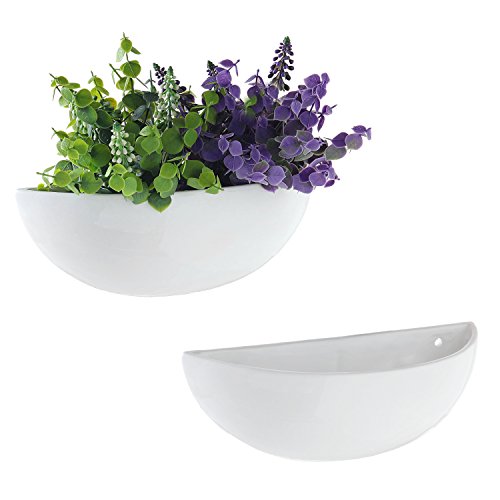 MyGift White Ceramic Wall Planters for Indoor Plants Half Bowl Hanging Vase Wall Mounted Succulent Planters Set of 2